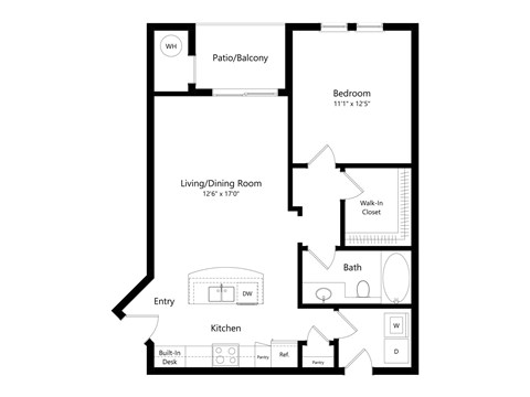 Floor plan for 1 bed, 1 bath, 782 sqft